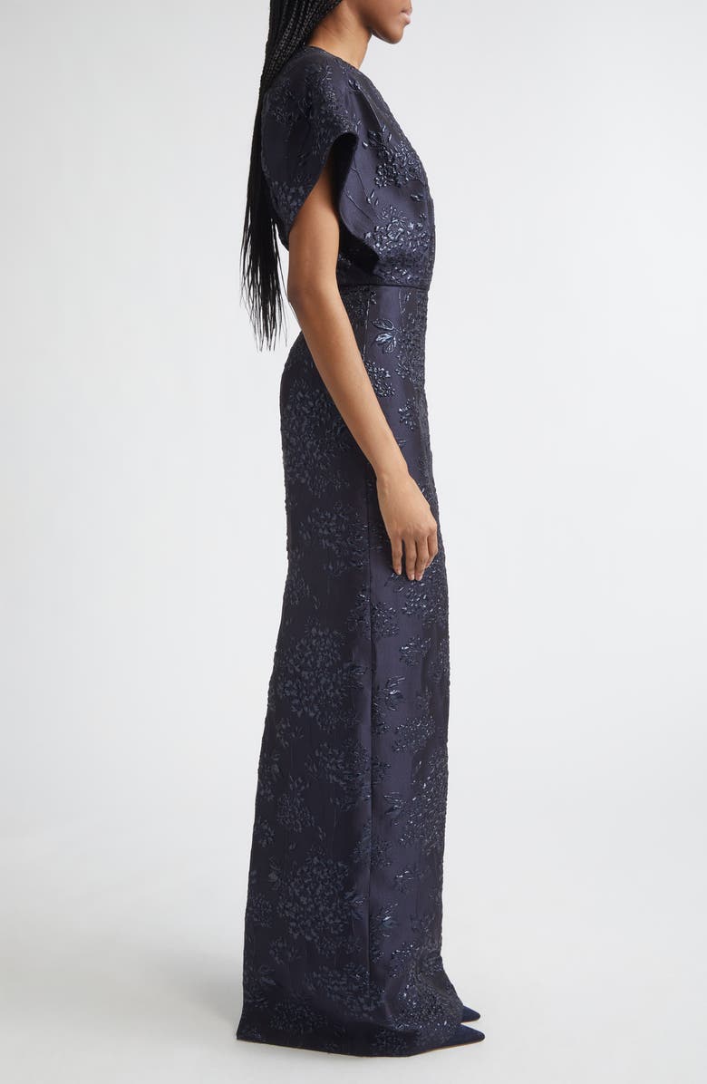 Carolina Herrera Fan Bodice Floral Metallic Jacquard Column Gown, Alternate, color, Midnight