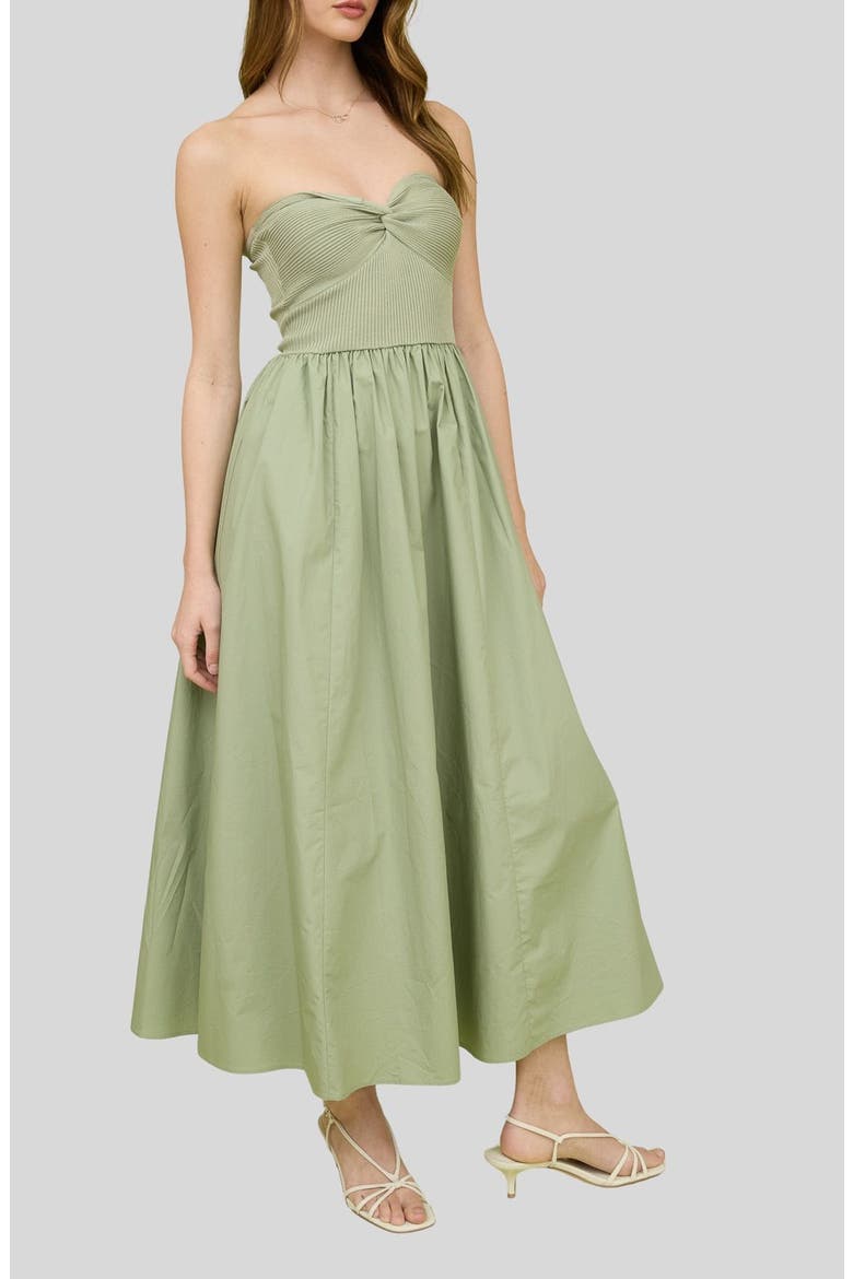 Mixed Media Strapless Midi Dress, Alternate, color, LIGHT OLIVE