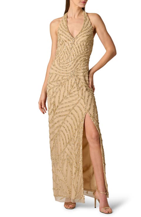 Sunburst Bead Detail Halter Neck Gown