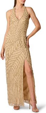 Aidan Mattox Sunburst Bead Detail Halter Neck Gown