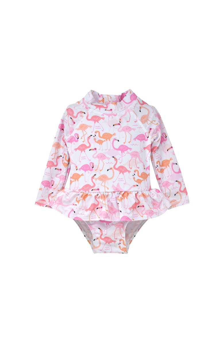 Flap Happy Girls' Sun Protective UPF 50+ Alissa Infant Ruffle Rash Guard Swimsuit, Main, color, Flamingo Love