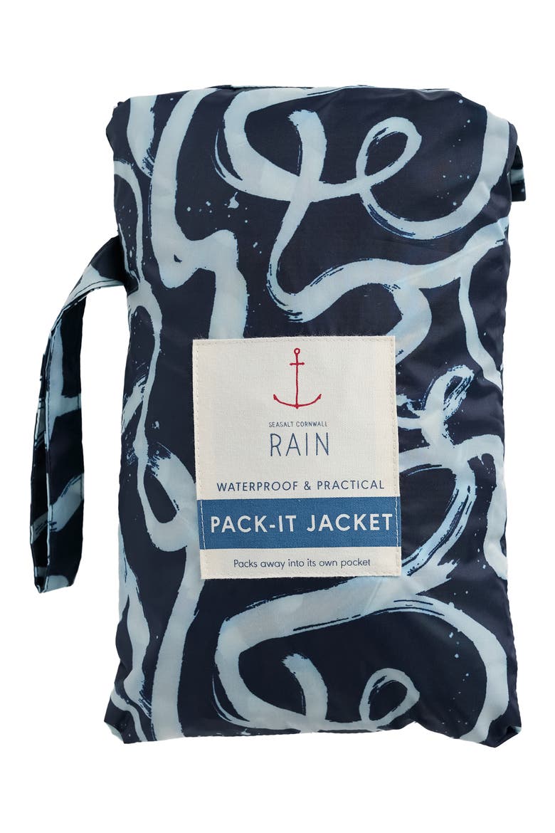Packable Waterproof Hooded Raincoat, Alternate, color, INK STROKES MARITIME