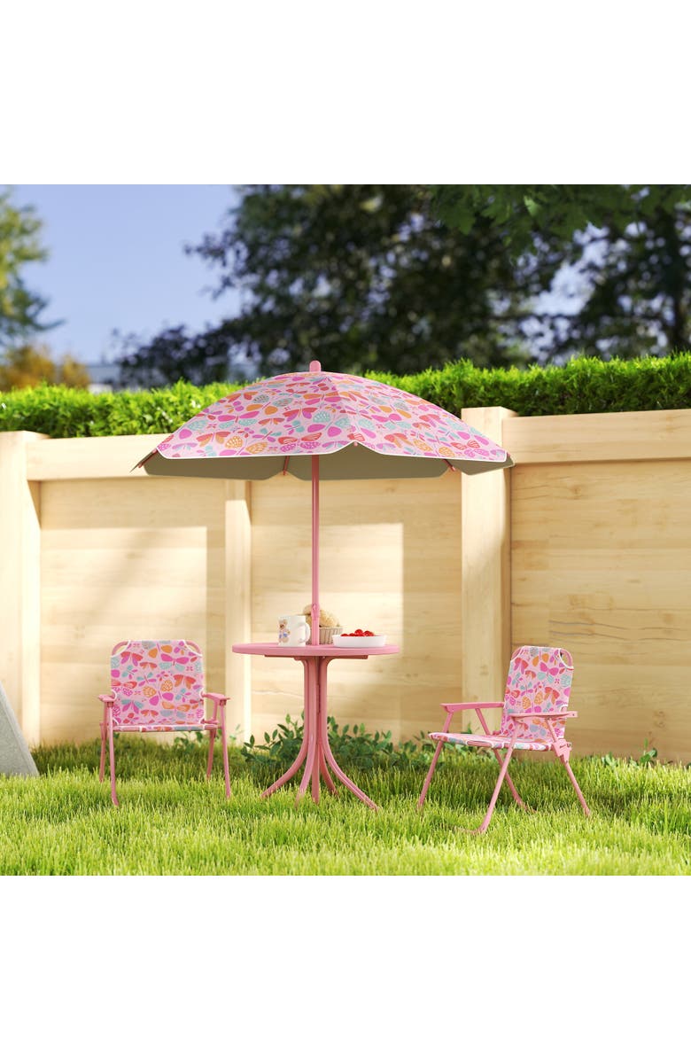 Qaba Kids Outdoor Picnic Table with Foldable Chairs and Removable Umbrella, Alternate, color, Pink