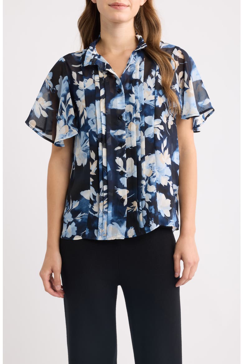 Pleated Floral Stand Collar Top, Main, color, DUTCH BLUE MULTI