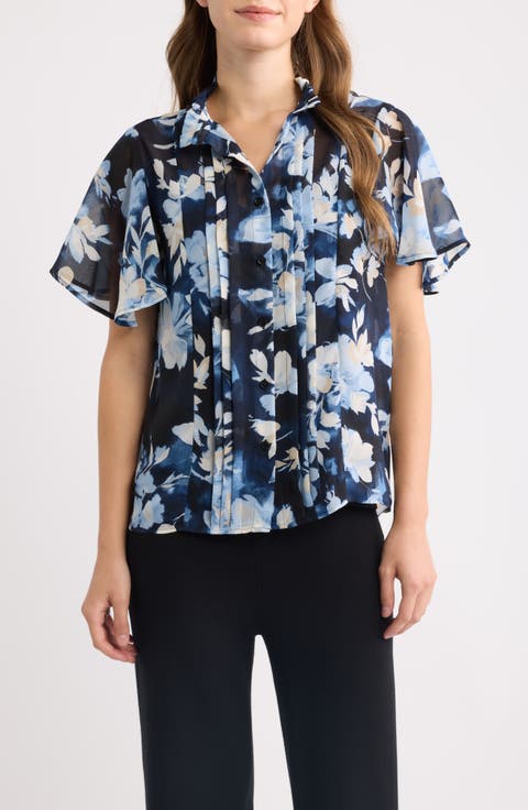 Pleated Floral Stand Collar Top