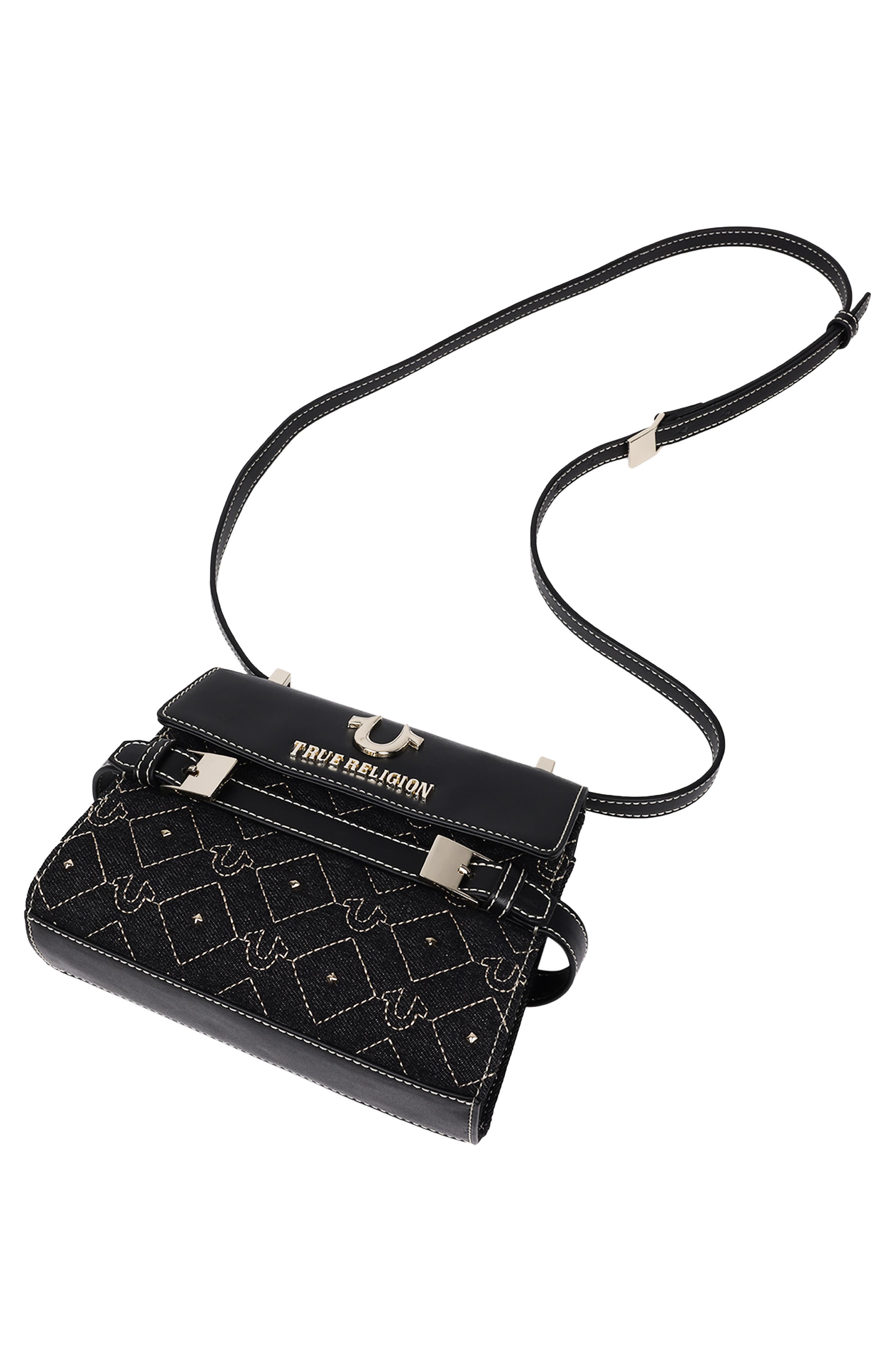 True Religion Studded Denim & Faux Leather Tote Bag, Alternate, color, Black