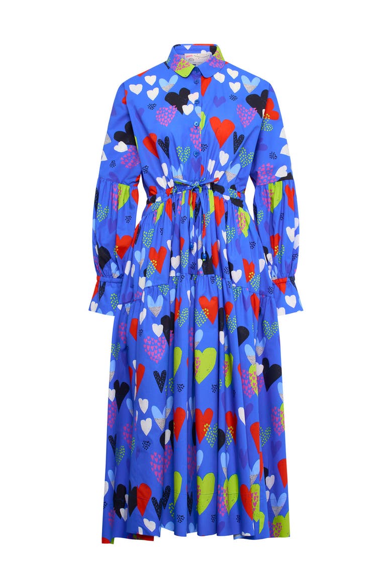 Long Cotton Dress With Heart Print, Main, color, Blue / Multicolour