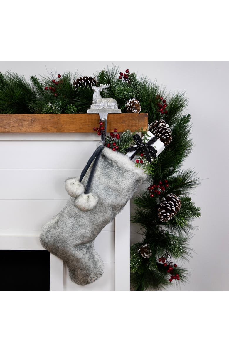 Northlight Silver Fox Faux Fur Christmas Stocking with Pom Poms - 20.5", Alternate, color, Silver