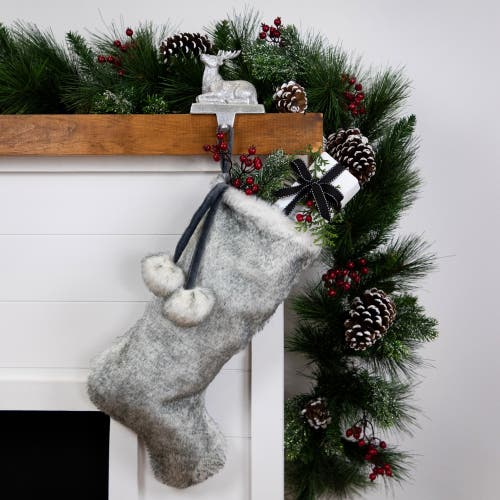 Northlight Silver Fox Faux Fur Christmas Stocking With Pom Poms In Silver