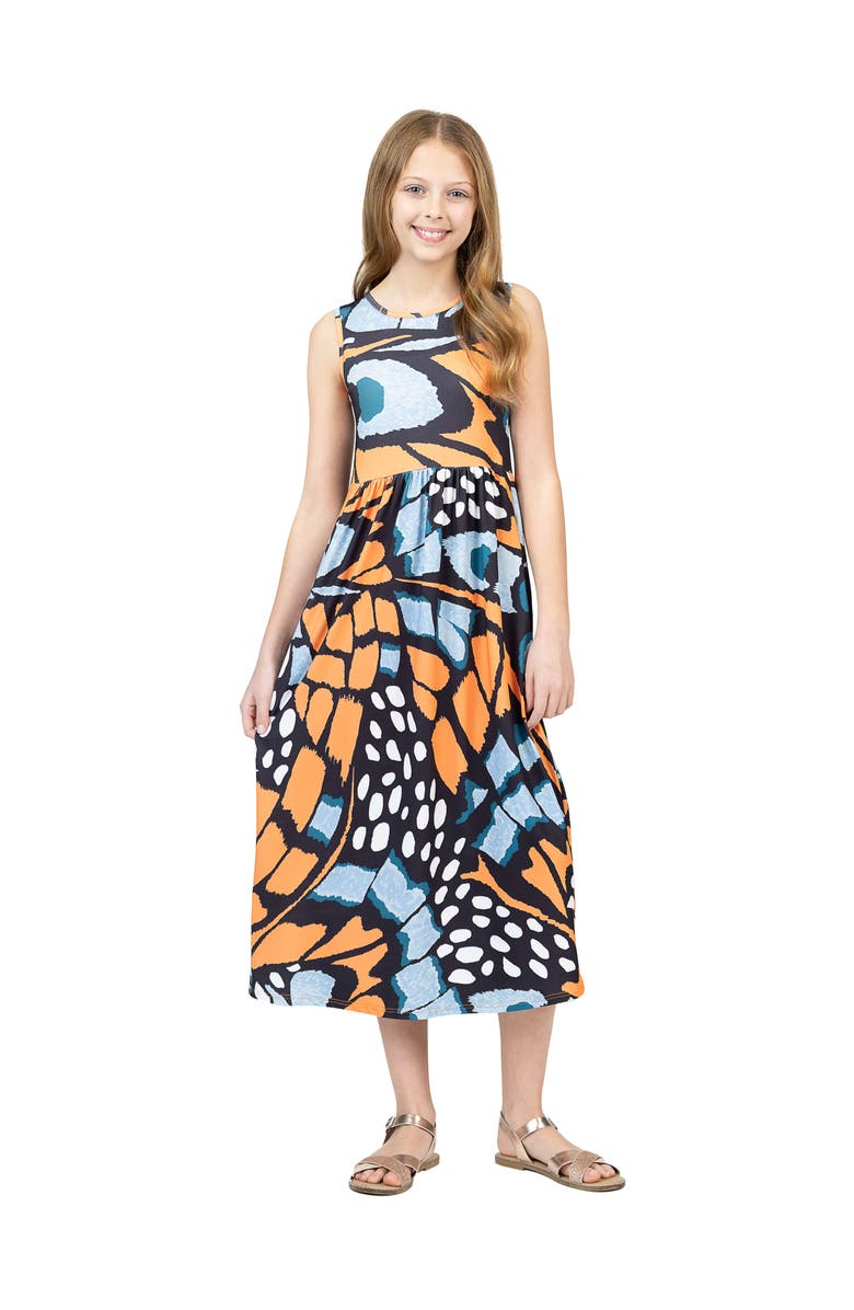 24sevenKid Orange Butterfly Print Sleeveless Pocket Maxi Dress, Main, color, Blue Multi