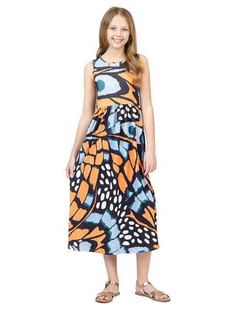 Orange Butterfly Print Sleeveless Pocket Maxi Dress