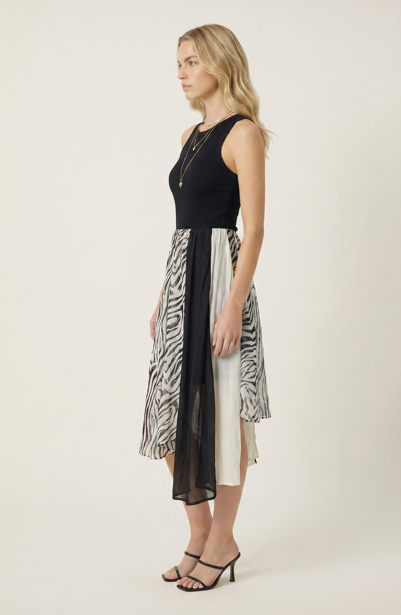 Modenaire Printed Sheer Overlay Asymmetrical Panel Midi Skirt, Alternate, color, Black