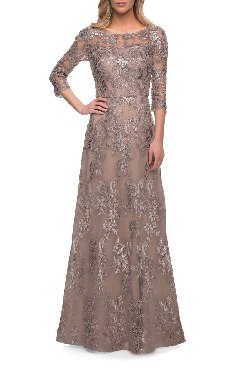 Shimmer Sequin Lace A-Line Gown, Alternate, color, COCOA