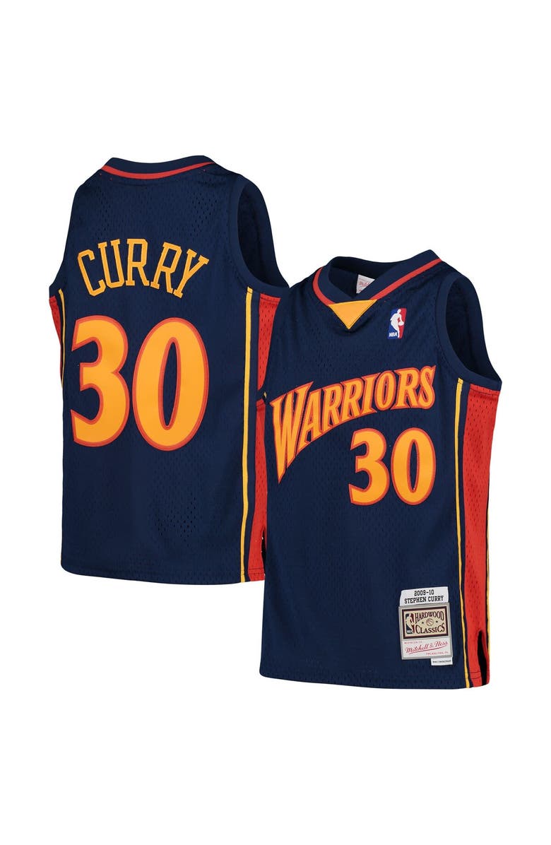 Mitchell & Ness Youth Mitchell & Ness Stephen Curry Navy Golden State Warriors 2009-10 Hardwood Classics Swingman Throwback Jersey, Main, color, 