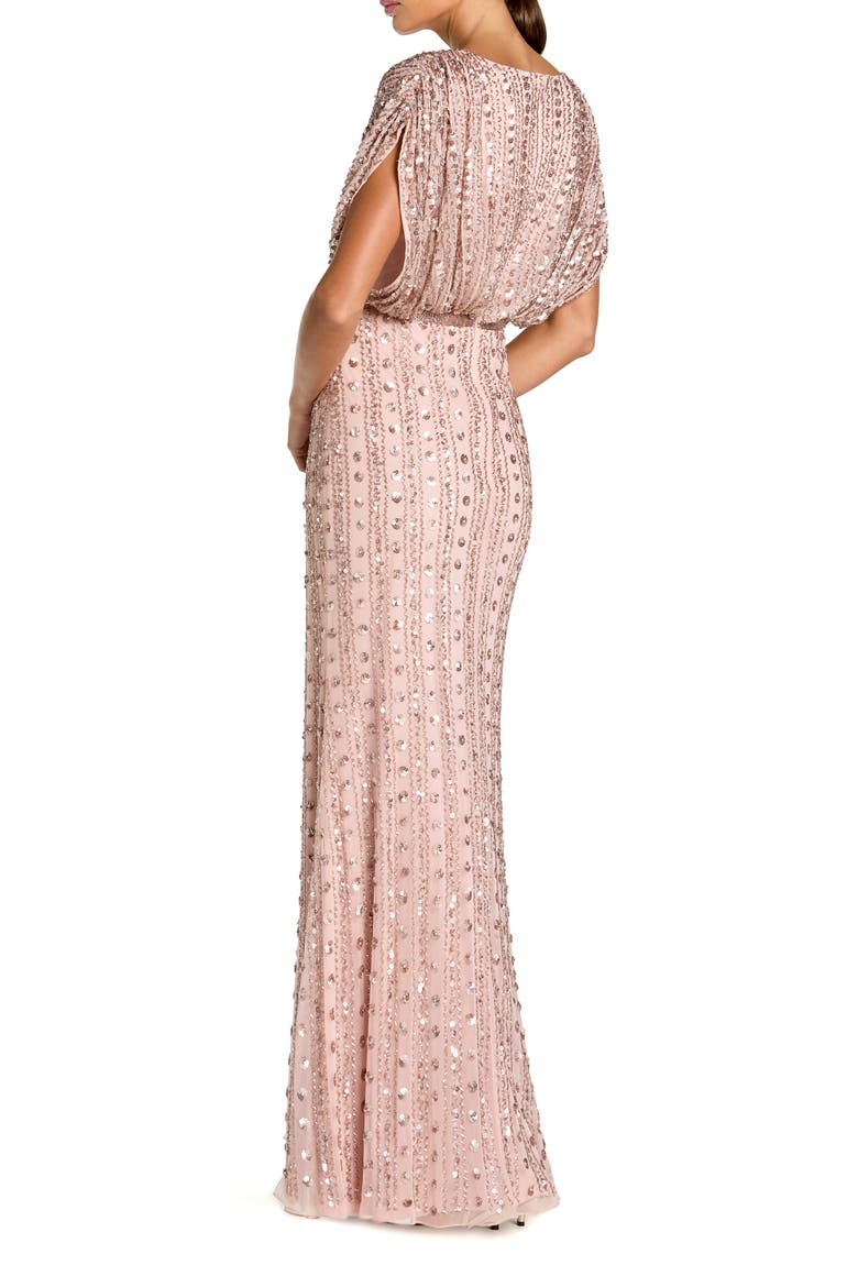 Beaded Mesh Blouson V Neck Column Gown, Alternate, color, Vintage Rose