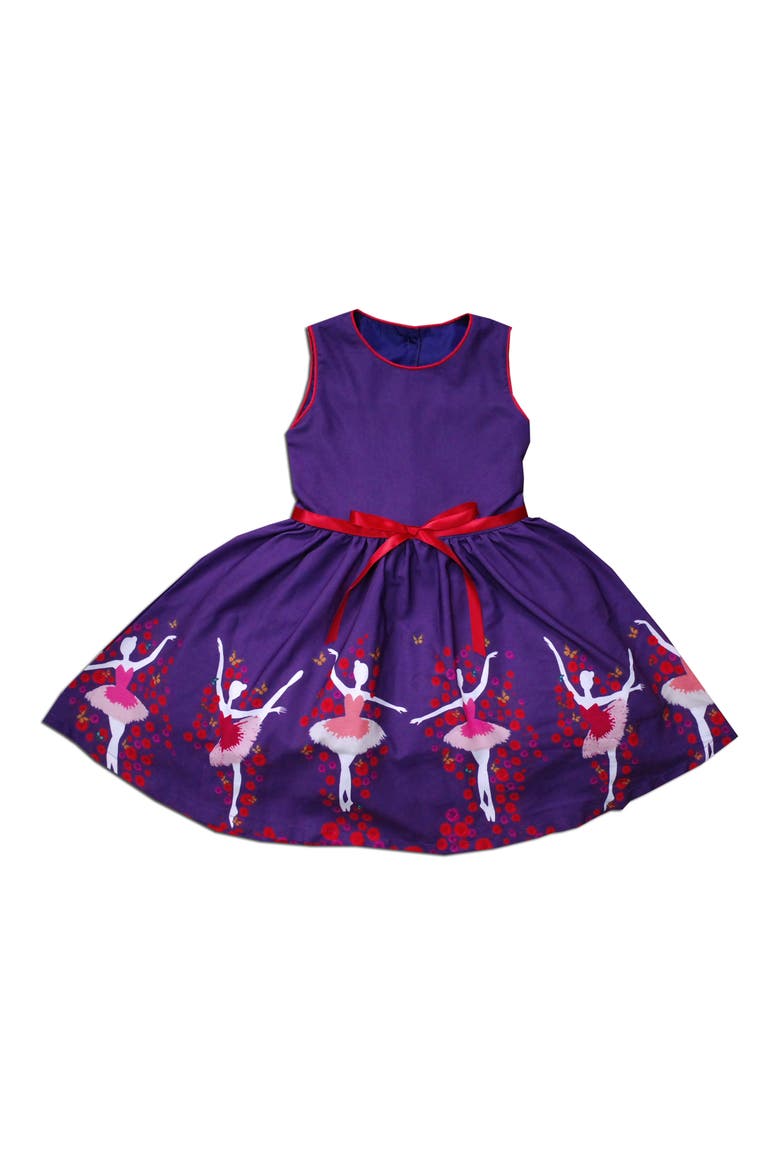 Kids' Ballerina Border Print Party Dress, Main, color, PURPLE