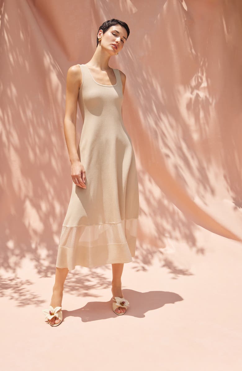 Misook Modern Fit 
Flare Sheer Hem Midi Dress, Alternate, color, Biscotti