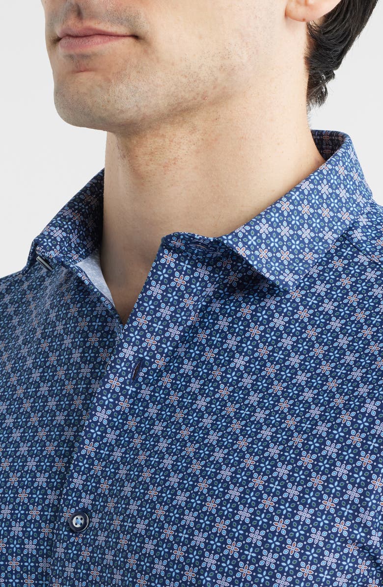 Johnston & Murphy XC+<sup>™</sup> Motion Geo Print Short-Sleeve Performance Knit Button-Up Shirt, Alternate, color, Navy Petal