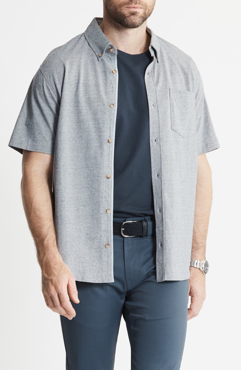 JACHS Short Sleeve Cotton Knit Button-Up Shirt, Main, color, Navy