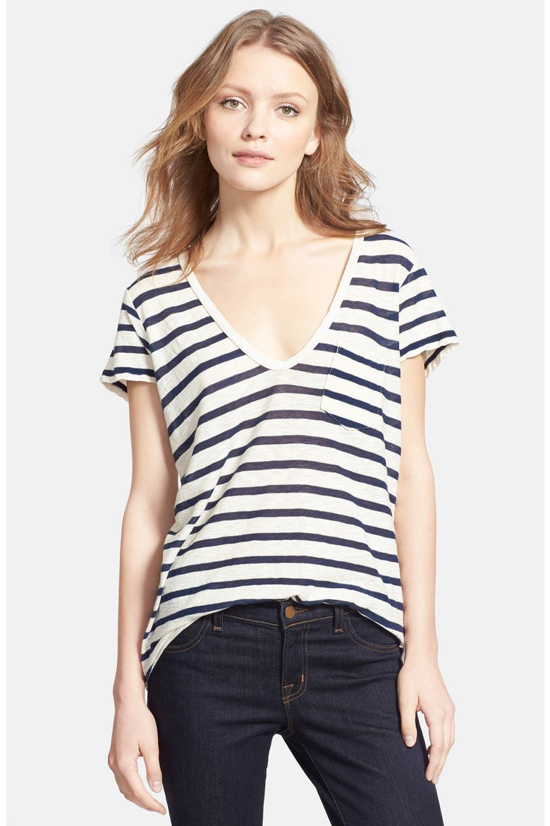 Deep V-Neck Stripe Pocket Tee, Main, color, NATURAL/ NAVY