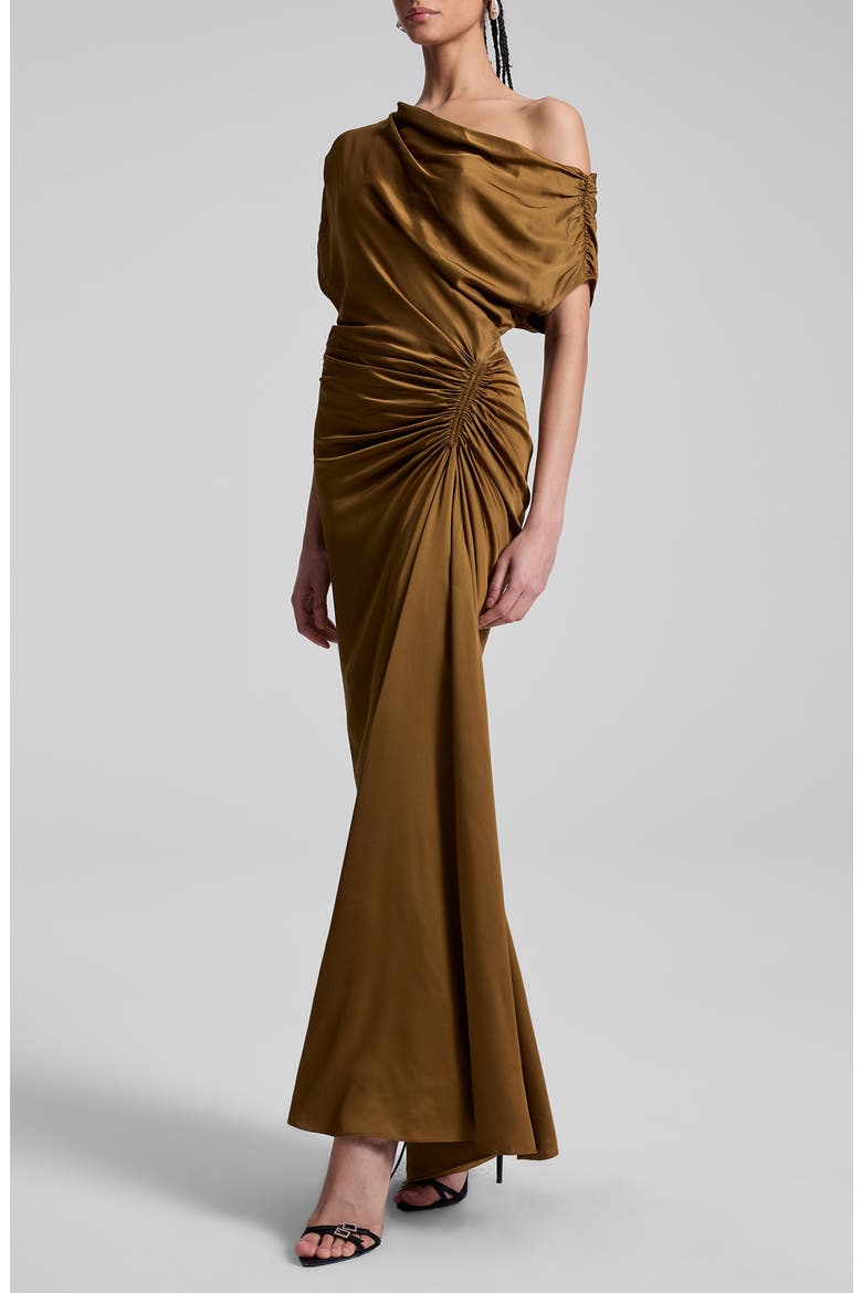 Penny Ruched One-Shoulder Satin Gown, Alternate, color, MOCHA