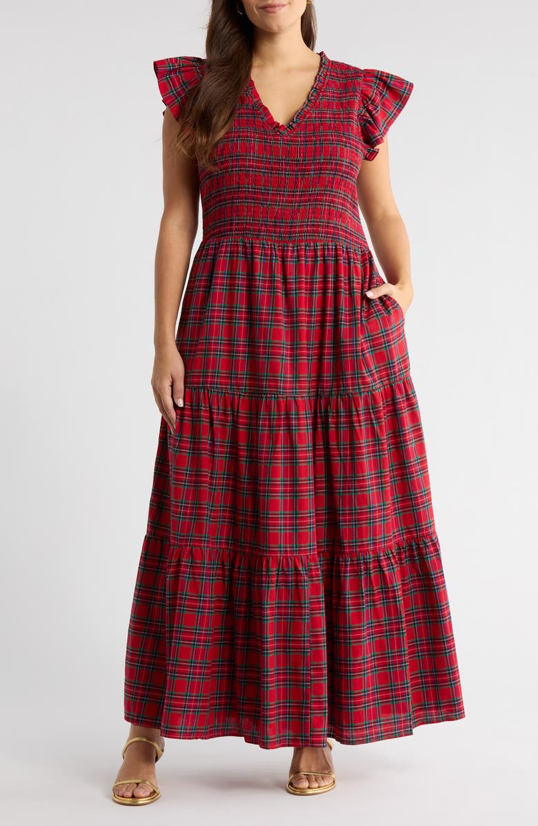 SUGARLIPS Arvada Plaid Sunfire Smocked Cotton Tiered Maxi Dress, Main, color,