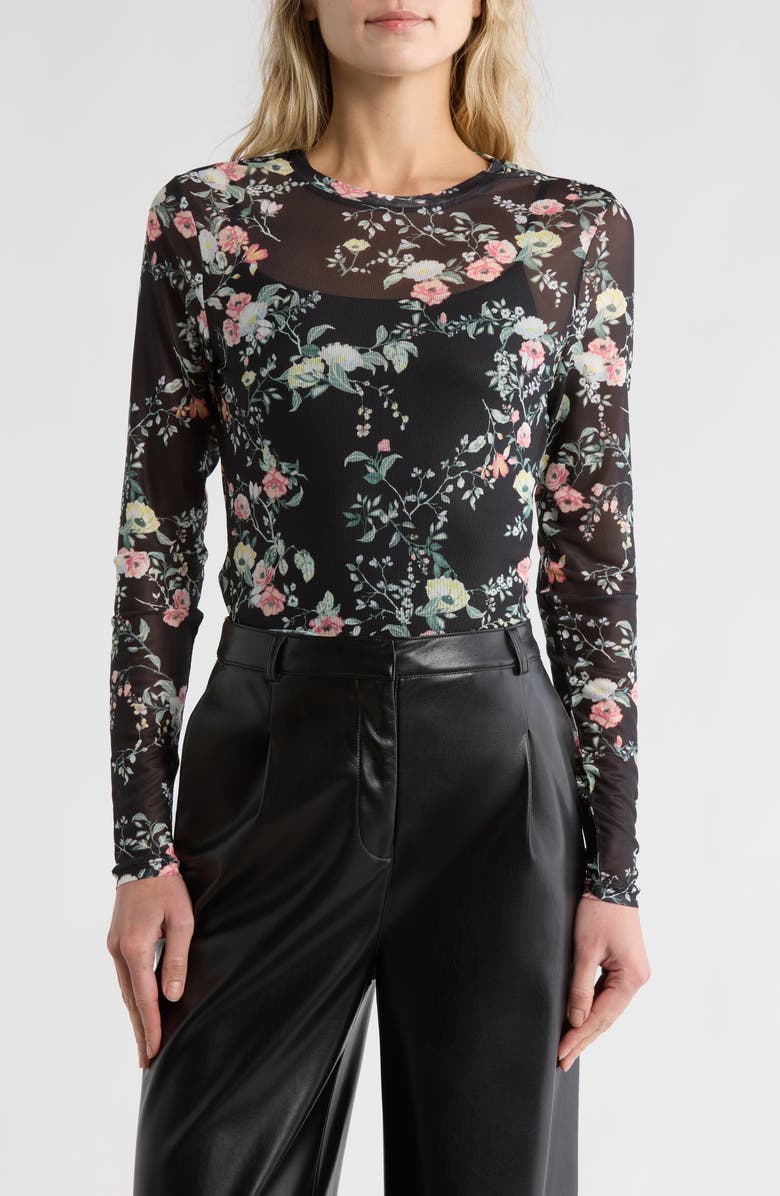 AFRM LOS ANGELES Sunny Long Sleeve Mesh Top, Main, color, Noir Blooms
