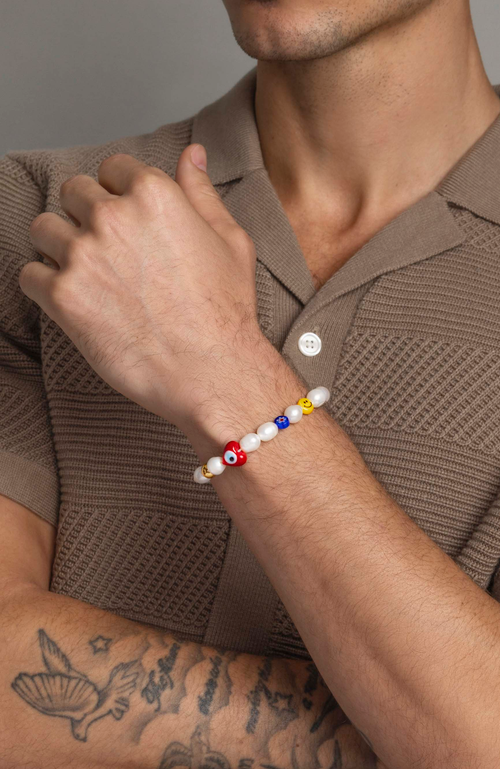 Nialaya Smiley Face Pearl Bracelet In White