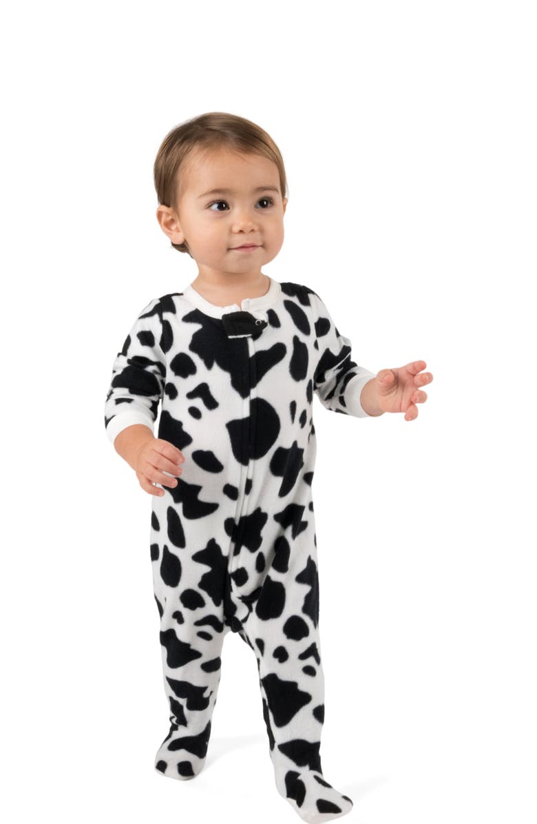 Leveret Kids Footed Fleece Printed Matching Family Holiday Pajamas, Main, color, Cow