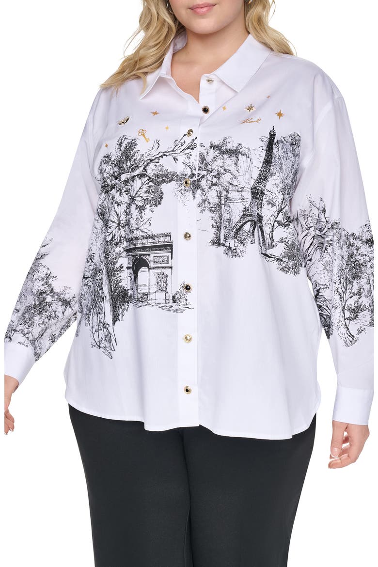 Paris Scene Cotton Button Down Shirt, Main, color, WHITE