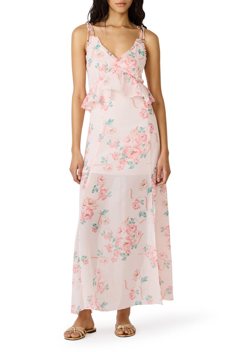 Ilara Floral Ruffle Detail Maxi Dress, Main, color, PEACH ROMANCE