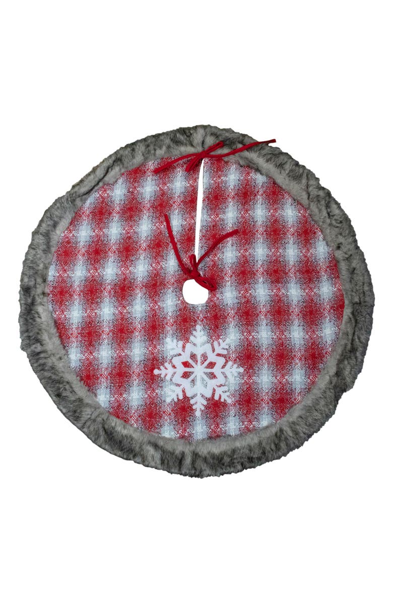Northlight 48" Red and White Plaid Christmas Tree Skirt with Snowflake, Main, color, Red