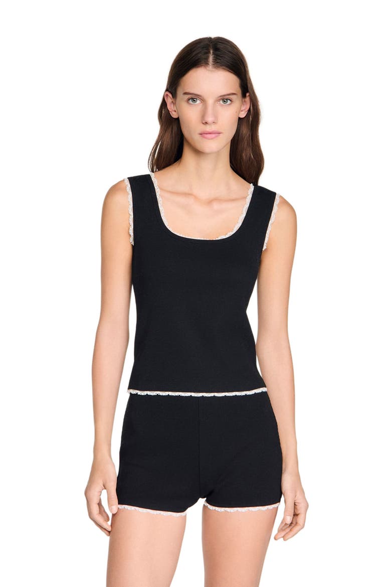 Beaded embroidered cotton vest top, Main, color, Black