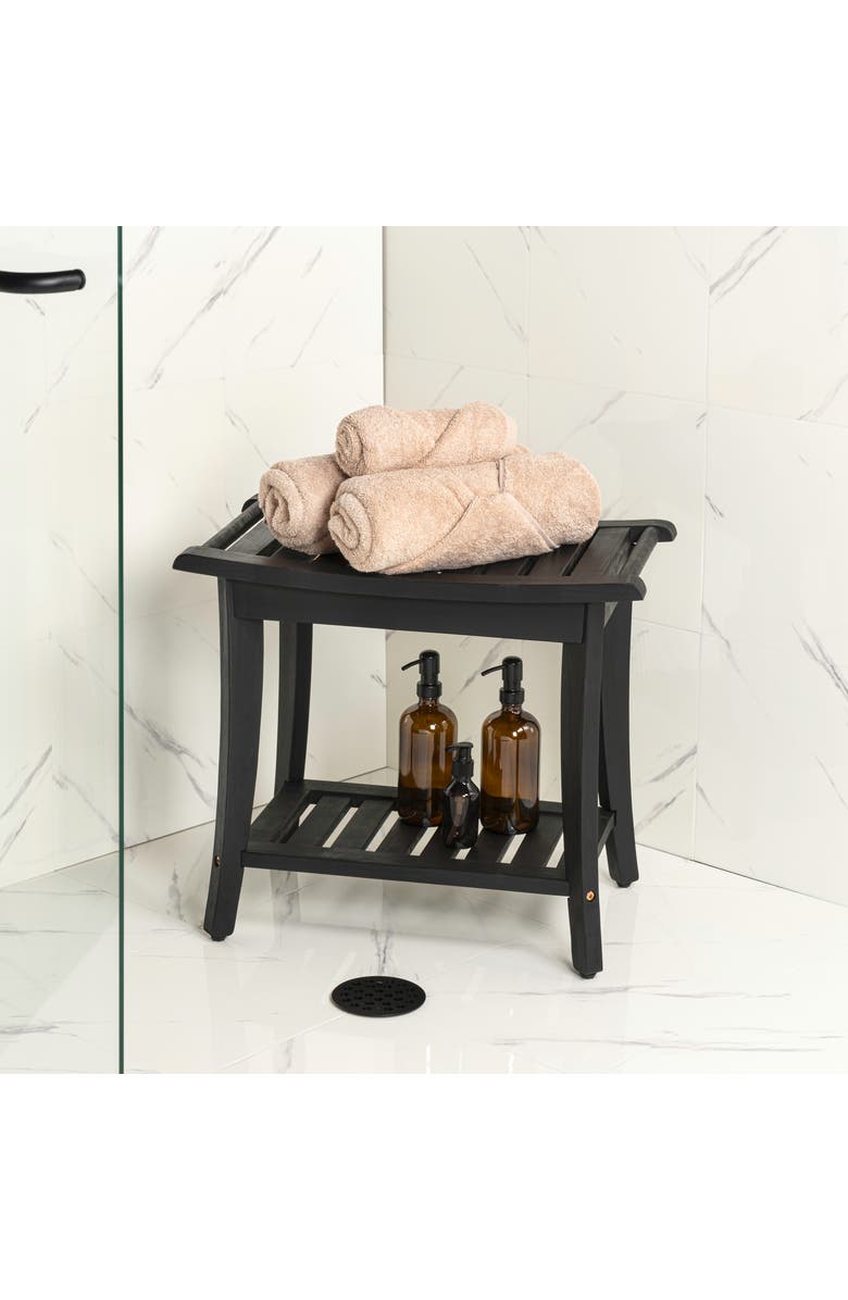 JONATHAN Y Tucker 22.1" Traditional Classic Slatted Solid Acacia Wood Indoor/Outdoor Shower Bench with Shelf and Handle, Alternate, color, Black