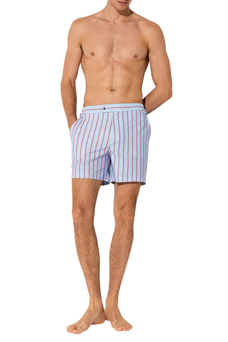 Presley Stripe Side Adjuster Swim Trunks, Alternate, color, SOFT BLUE