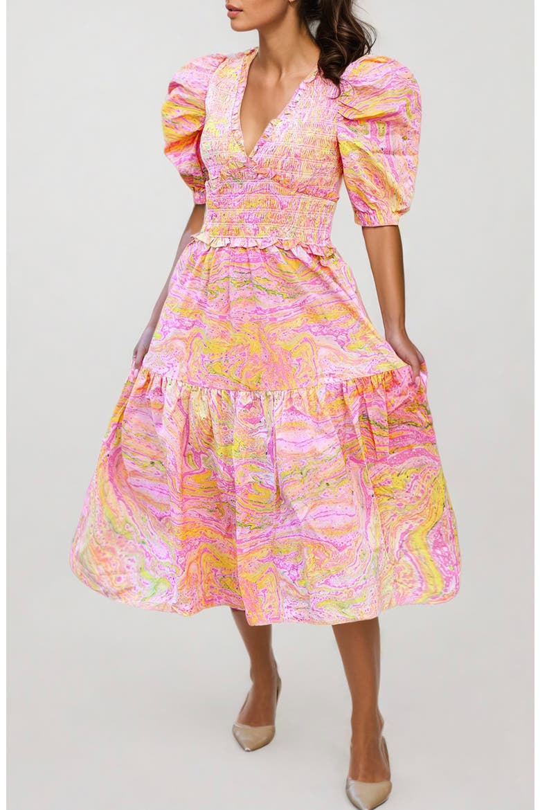 Astrid Marble Smocked Midi Dress, Main, color, pink