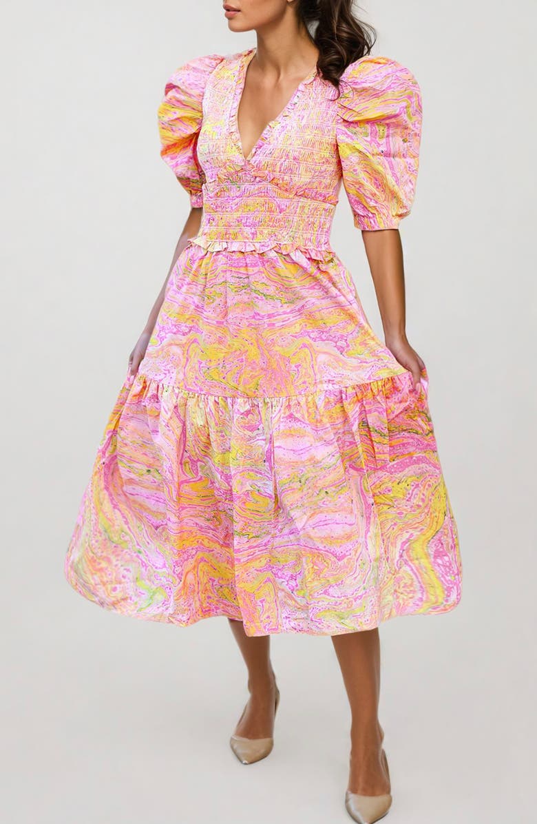 Jessie Zhao New York Astrid Marble Smocked Midi Dress, Main, color, Pink