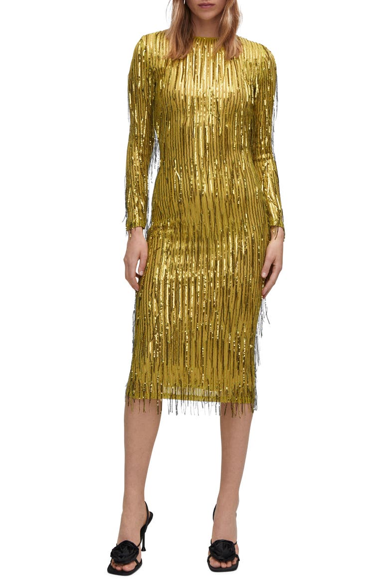 Sequin & Bead Fringe Long Sleeve Dress, Main, color, OLIVE GREEN
