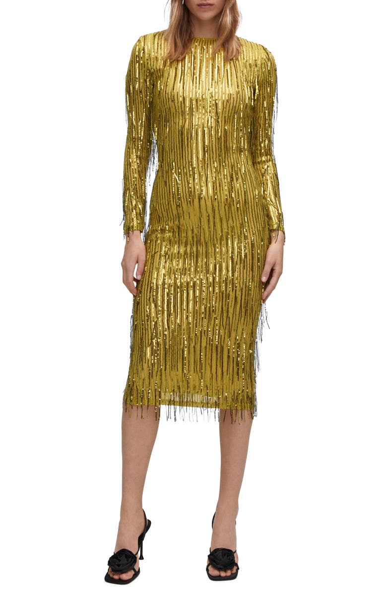 MANGO Sequin & Bead Fringe Long Sleeve Dress, Main, color,