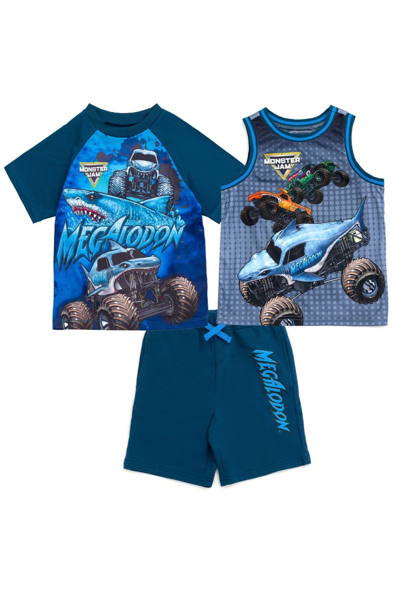 3pc Tank Top, Tee & Shorts Set, Main, color, Blue Megalodon Monster Jam