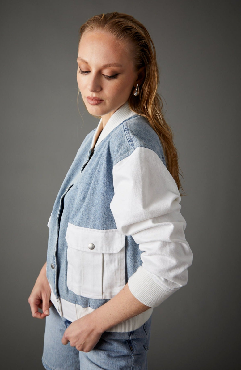 BLUE REVIVAL Admiral Mixed Media Bomber, Alternate, color, Light Stone