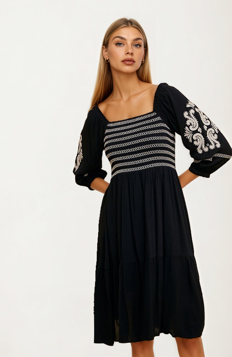 Knit and Lounge Embroidered Square-Neck Three-Quarter-Sleeve Dress, Alternate, color, 