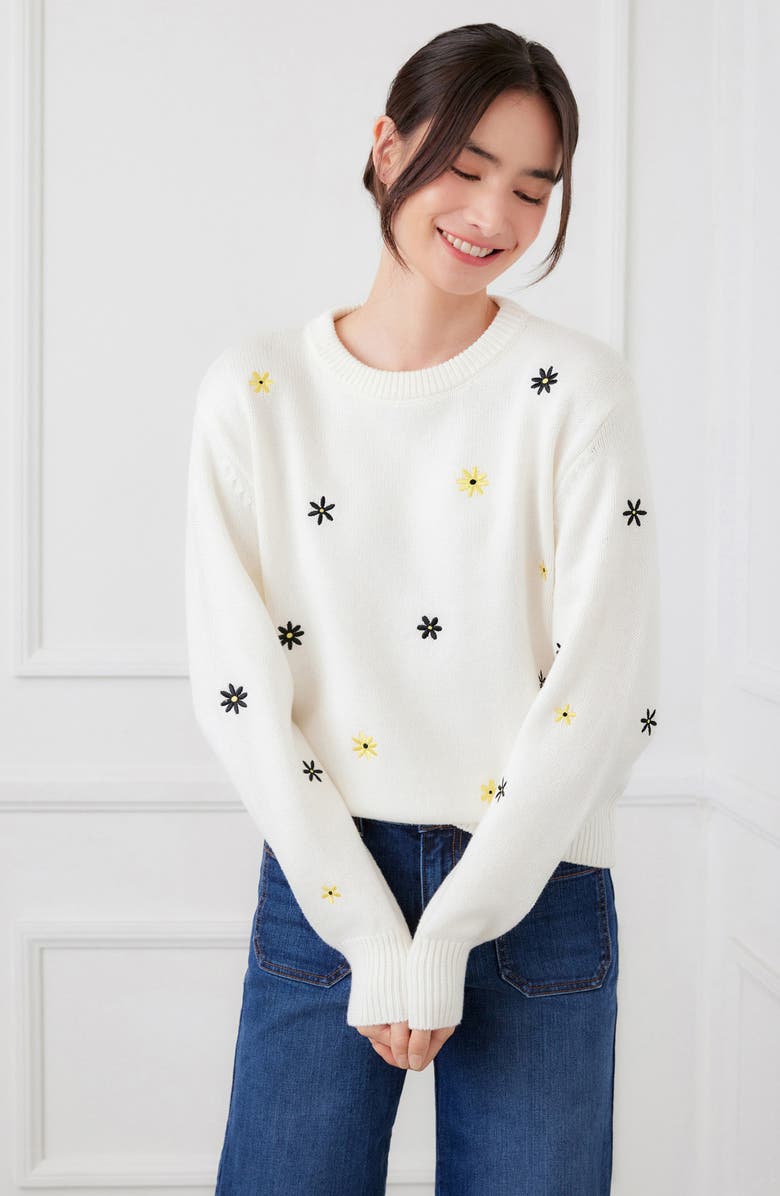 Karen Kane Embroidered Daisy Cotton Blend Sweater, Alternate, color, White