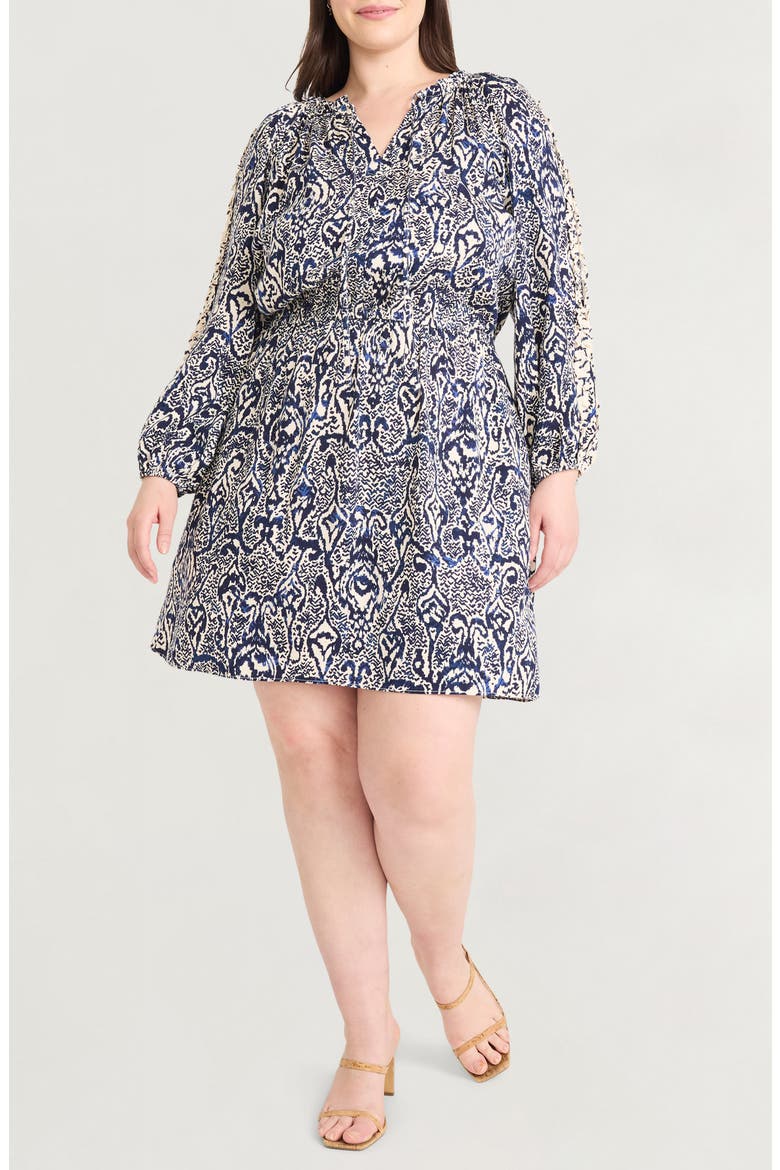 Ruffle Long Sleeve Dress, Main, color, CREAM/ BLUE