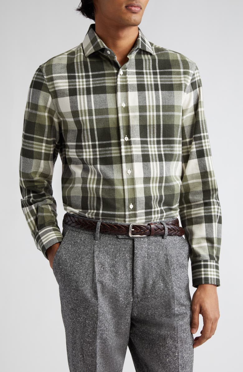 Brunello Cucinelli Easy Fit Plaid Cotton Flannel Button-Up Shirt, Main, color, 