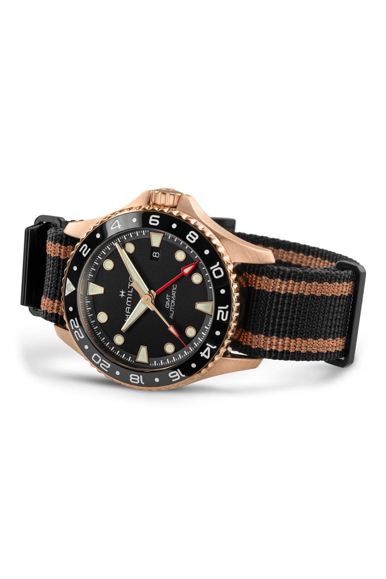 Khaki Navy Scuba GMT Automatic NATO Strap Watch, 43mm, Alternate, color, BLACK