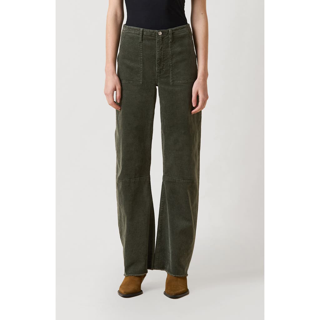 Le Jean Frayed Barrel Corduroy Utility Pants In Green