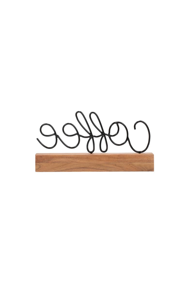 Coffee Wire Metal and Wood Decorative Table Top Sign, Alternate, color, Brown