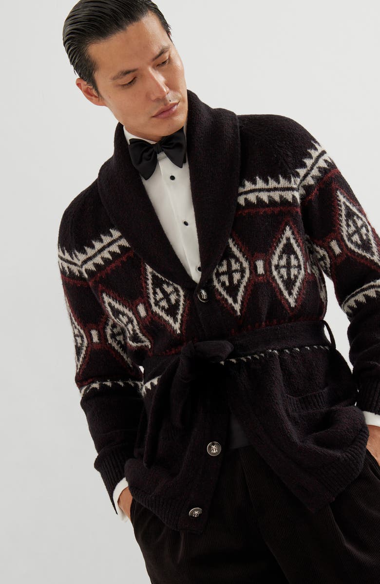 Brunello Cucinelli Geometric jacquard belted cardigan, Alternate, color, Black