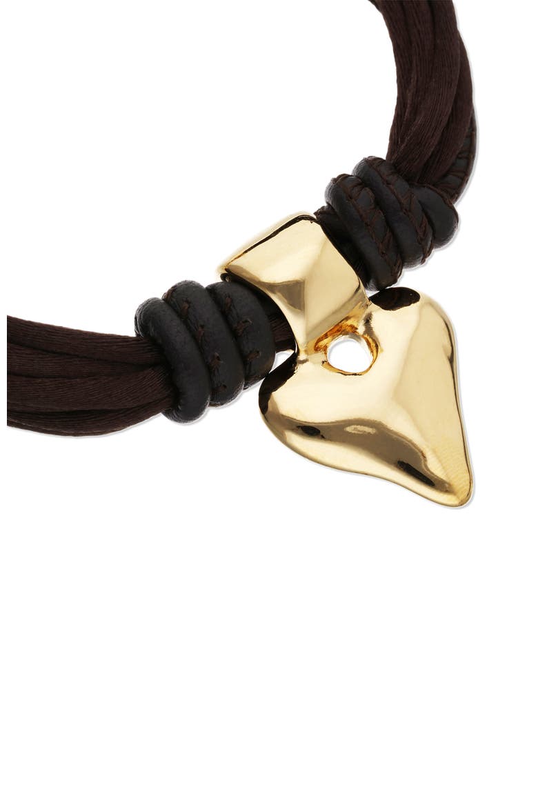 Silk-Effect Thread Blend Bracelet with Beige Leather and Heart Detail, Alternate, color, Gold